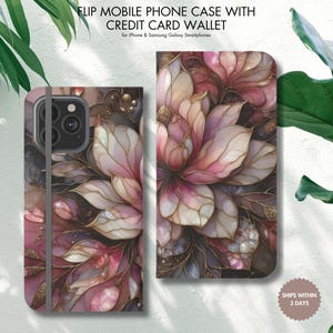 Funda para teléfono con tapa de magnolia rosa: funda para tarjeta de crédito con diseño floral de cuero vegano para iPhone y Samsung Galaxy, diseño de tarjetero protector
