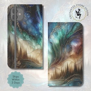 Betoverd Aurora Borealis Forest portemonnee telefoonhoesje, creditcardhouder hoes voor iPhone en Samsung, beschermend noorderlichtcadeau | X80