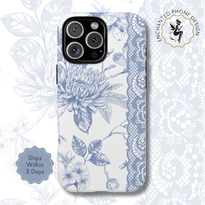 Blushing Blue Floral Lace Tough Phone Case, Coquette Romantic Cover For iPhone Samsung Galaxy Google Pixel, Gift For Her, X107
