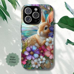 Cute Bunny Rabbit Phone Case, Faux Stained Glass Easter Gift For iPhone 16 15 14 Pro Max Plus X Pixel 9, Galaxy S24 S23 S22 S20 Ultra, TC21