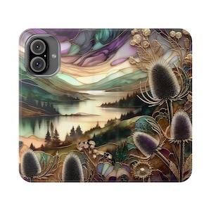 Schotse Loch Thistle Flower flip-telefoonhoesje, Schotland Keltisch vegan leren portemonneehoes | W07