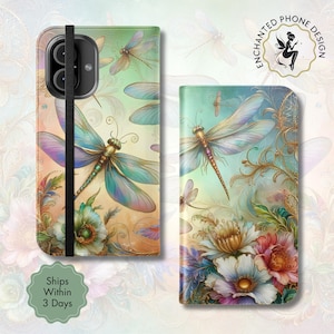 Portefeuille à fleurs Enchanted Dragonfly, Étui portefeuille en cuir végétalien, Étui de téléphone avec porte-cartes pour iPhone et Samsung Galaxy | X51