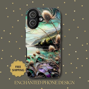 Etui na telefon z motywem szkockiego jeziora i kwiatu ostu – Szkocja, Celtic Highland | X68