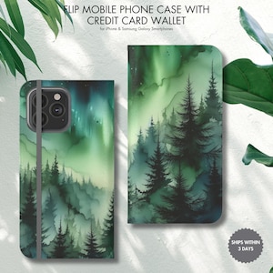 Grüne neblige Wald Tannen Baum Natur Flip Handyhülle, Inspirierende Kunst Vegan Leder Geldbörse, Kartenhalter für iPhone Samsung Galaxy