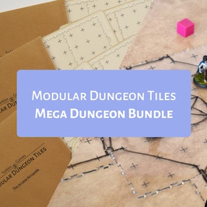 Könnte beinhalten: Ein Tabletop-Gaming-Set mit modularen Dungeon-Kacheln und einem Mega-Dungeon-Bundle. Das Bild zeigt braune Kachelsätze, ein Spielbrett, Miniaturfiguren und Würfel. Der Text auf dem Bild lautet "Modular Dungeon Tiles Mega Dungeon Bundle."