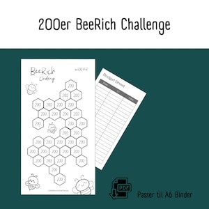 BeeRich Spare Challenge 200 kr sedler | Printbar Dansk A6 PDF Download til Cash Stuffing | Budget Binder | Digital Opsparing