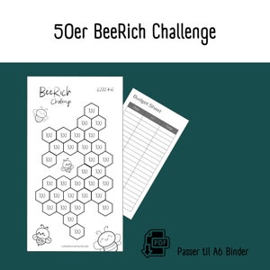BeeRich Spare Challenge 50 kr sedler | Printbar Dansk A6 PDF Download til Cash Stuffing | Budget Binder | Digital Opsparing