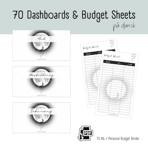 Digitalt Dashboard PDF | Måne Design | 70 Kategorier + Budget Sheets | A6 Download | Cash Stuffing Binder | Printable Planner DK