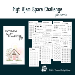 May include: A printable PDF guide for a home savings challenge in Danish. The guide features a cute house illustration and a checklist of items to save for, including home renovation, furniture, electronics, and more.