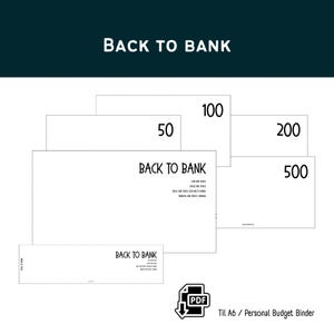 May include: White A6 personal budget binder with the text "BACK TO BANK" and denominations of 50, 100, 200, and 500. A PDF icon is visible, along with the text "Til A6 / Personal Budget Binder."