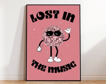 Lost in the music - retro disco ball wall art, retro wall prints, trendy wall prints, music wall art, trendy home decor, peace sign wall art