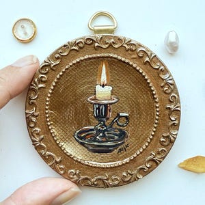 Lighted Candle Oil Painting: Miniature Still Life in Gold Frame