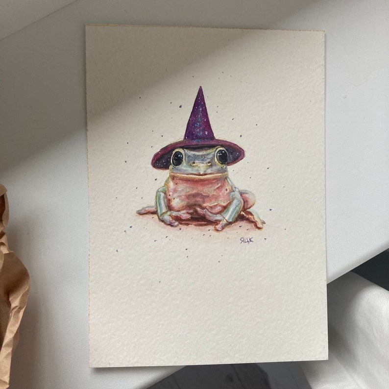 Frog Painting Cute, Small Framed Art, Original Watercolor Painting, Frog Lover Gift, Tree Frog Art, Cottagecore Art, Wizard Animal Paintings image 9