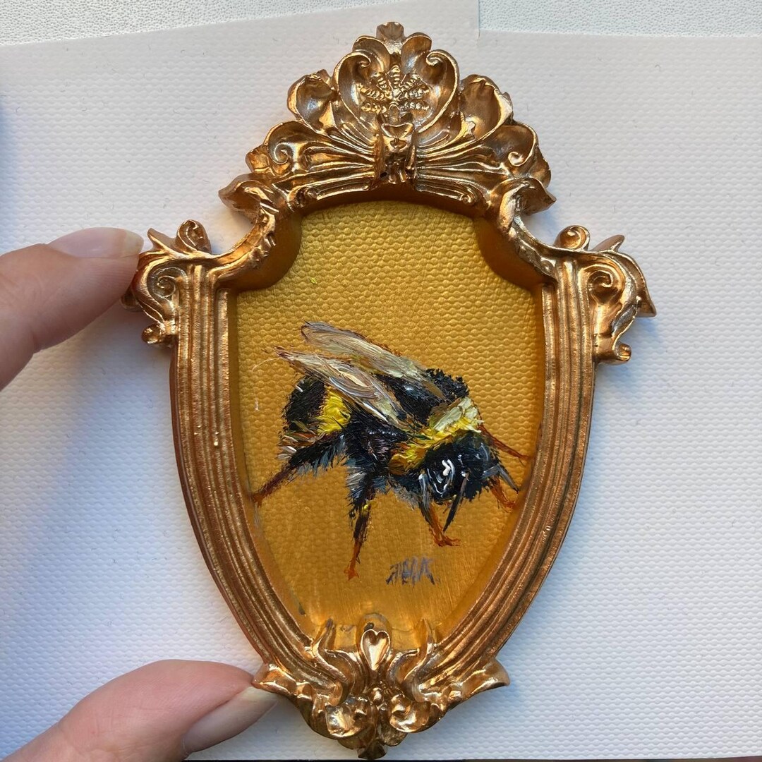 Bee Oil Painting Original Small Framed Art Gold Frame Painting Tiny ...