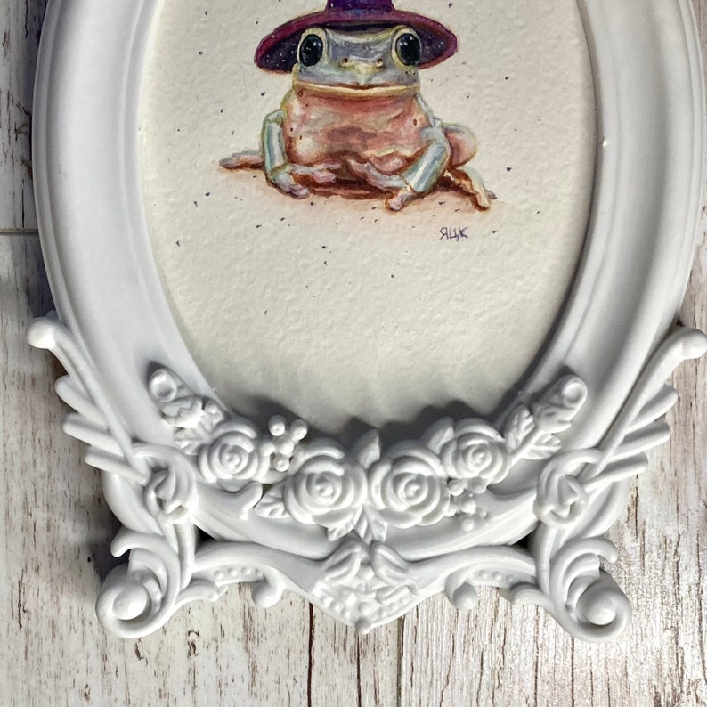 Frog Painting Cute, Small Framed Art, Original Watercolor Painting, Frog Lover Gift, Tree Frog Art, Cottagecore Art, Wizard Animal Paintings image 4