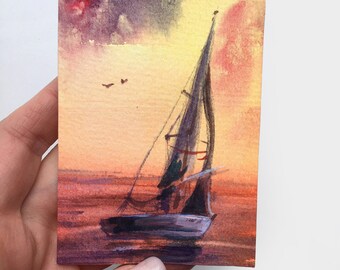 ACEO Original Watercolor yacht Painting Seascape Sailboat Watercolor Small Blue Landscape Ocean  Decor nautical art yachts sunset