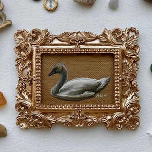 Swan Painting Original Small Framed Art Bird Oil Painting White Swan Art Goose Gift Farm Animals Gold Frame Dark Academia Decor 3 x 4