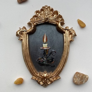 Lighted Candle Painting Original Gold Frames Small Miniature Vintage Frame Moody Oil Painting Still Life Hand-painted Antique Style Artwork