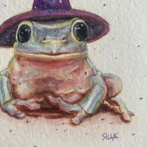 Frog Painting Cute, Small Framed Art, Original Watercolor Painting, Frog Lover Gift, Tree Frog Art, Cottagecore Art, Wizard Animal Paintings image 3