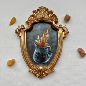 Lighted Candle Painting Original Gold Framed Small Miniature Oil Painting Goth Still Life Hand-painted Antique Style Tiny Art Dark Academia