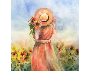 Painting Watercolor 10x7 Woman sunflowers field Fantasy Art female Original Nature Home Decor wildflower field Sunflower woman back art