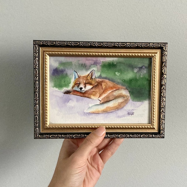 Cute Fox Painting Realistic Fox Art Small Watercolor Painting Original Red Fox Animal Illustration Animal Painting Small Framed Art Gold