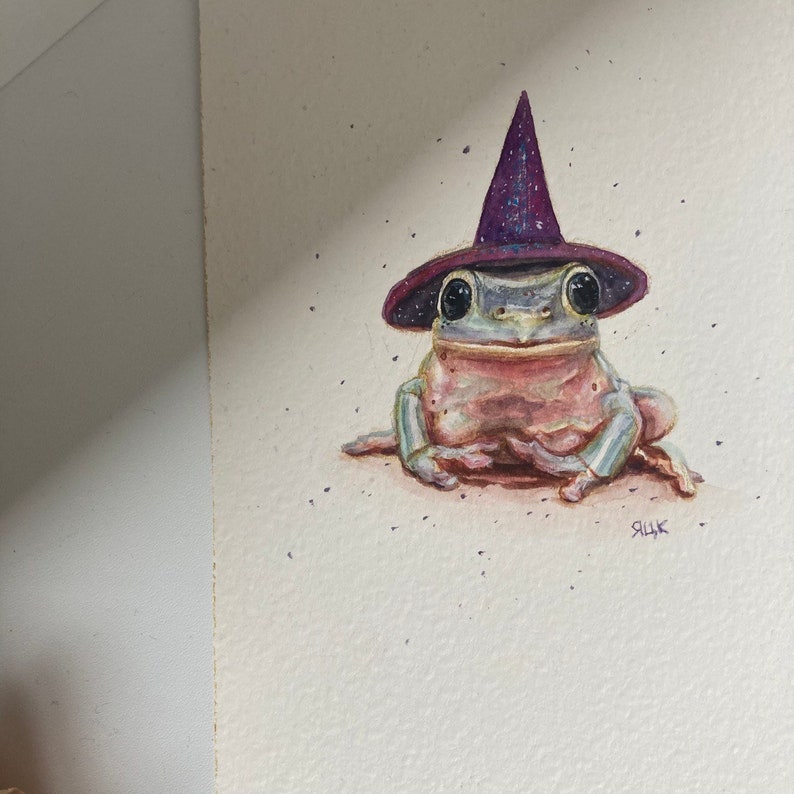Frog Painting Cute, Small Framed Art, Original Watercolor Painting, Frog Lover Gift, Tree Frog Art, Cottagecore Art, Wizard Animal Paintings image 5