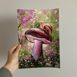 Paddenstoel print realistische paddestoel kunst slak schilderij print paddestoel liefhebbers cadeau Cottagecore kunst botanische muur decor