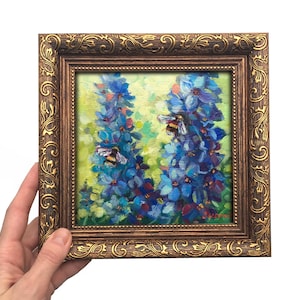Framed Painting Victorian blue garden bee insect garden flowers landscape Gold Flower Floral Circular wall decor Original small dark