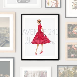 1950s Fashion Illustration Red Fit and Flare Dress Gallery Wall Print Runway Fashion Art Avenue 241 image 1