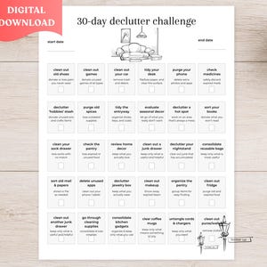 Könnte beinhalten: Ein weißes 30-Tage-Entrümpelungs-Challenge-Blatt mit einem Raster aus dreißig täglichen Aufgaben und Kontrollkästchen. Die Kopfzeile enthält den Text 30-day declutter challenge, start date und end date sowie eine schwarz-weiße Strichzeichnung eines Sofas.