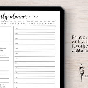 May include: A digital daily planner displayed on a tablet screen featuring a header with the text daily planner, a monthly calendar, a brain dump section, a schedule from 7 am to 7 pm, a habit tracker with checkboxes, and a water intake tracker.