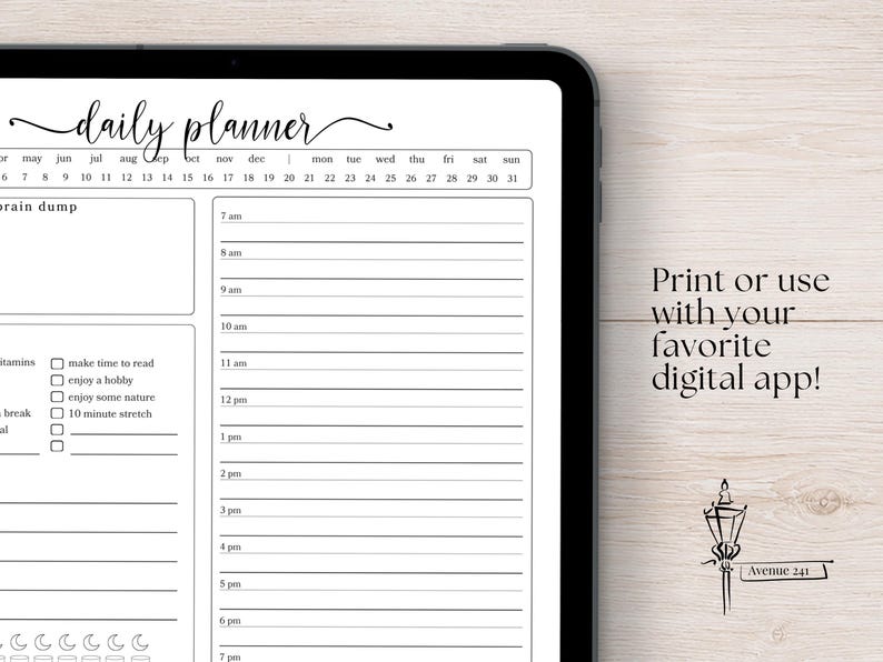 May include: A digital daily planner displayed on a tablet screen featuring a header with the text daily planner, a monthly calendar, a brain dump section, a schedule from 7 am to 7 pm, a habit tracker with checkboxes, and a water intake tracker.