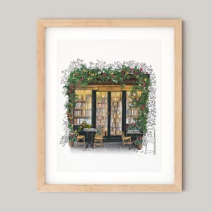 Book Shop Illustration Print with Flowers - City Scene Books for a Book Lover Wall Print Drawing Bibliophile Bookish | Wendy Rother Designs