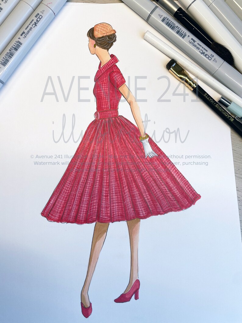 1950s Fashion Illustration Red Fit and Flare Dress Gallery Wall Print Runway Fashion Art Avenue 241 image 5