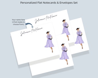 Personalized Flat Notecards & Envelopes Set | Fashion Illustration Custom Stationery Personalized Gift Purple Dress and Hat | Avenue 241