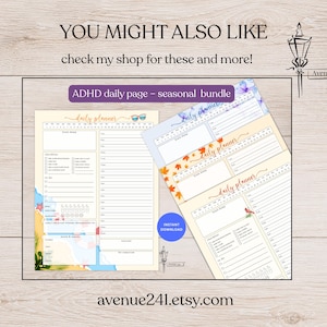 May include: A collection of ADHD daily planner pages featuring seasonal themes including summer, autumn, and winter designs. Each page includes sections for daily schedules, checklists, and to-do lists with colorful illustrations and the text ADHD daily page.