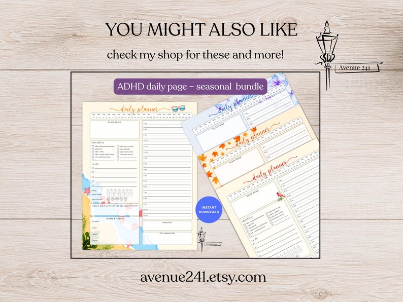 May include: A collection of ADHD daily planner pages featuring seasonal themes including summer, autumn, and winter designs. Each page includes sections for daily schedules, checklists, and to-do lists with colorful illustrations and the text ADHD daily page.