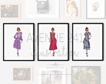 1920s Fashion Illustration Three Flapper Dresses, Hats, and Gloves |  Gallery Wall Art Print Fashion Sketch (Set of 3) | Avenue 241