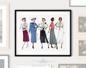 1930s Fashion Illustration Five Dresses with Hats and Shoes of the Era | Gallery Wall Print Fashion Sketch | Avenue 241