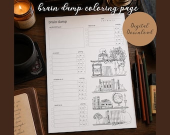 ADHD Brain Dump Planner Page – Low-Stimulation, Book Lover Coloring (Digital Download)