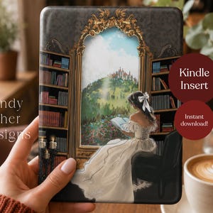 May include: Kindle insert with a detailed illustration of a woman reading a book with a castle view. The design includes a library setting with bookshelves and the text "Kindle Insert" and "Instant download!"