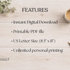 May include: A digital product information sheet with the heading FEATURES. The text lists: Instant Digital Download, Printable PDF file, US Letter Size (8.5" x 11"), and Unlimited personal printing. A logo for Avenue 241 is in the bottom left corner.