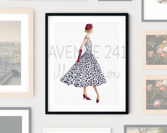 1955 Fashion Illustration Iconic Designer Polka Dot Dress | Gallery Wall Print Runway Fashion Art | Avenue 241