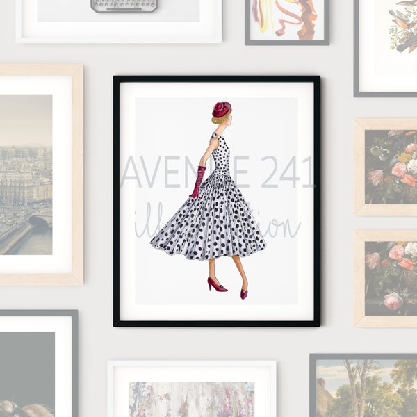 1955 Fashion Illustration Iconic Designer Polka Dot Dress | Gallery Wall Print Runway Fashion Art | Avenue 241