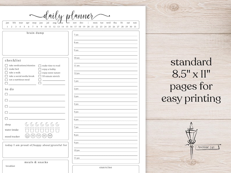 May include: A white daily planner page with black text featuring a calendar header, a brain dump section, a checklist, a to-do list, a water intake tracker, a mood tracker, an hourly schedule from 7 am to 11 pm, and text stating standard 8.5" x 11".
