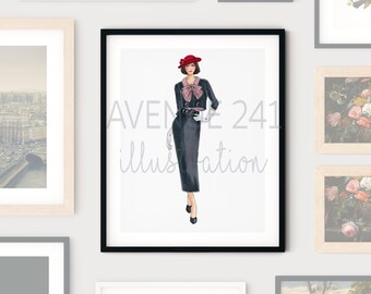 1950s Fashion Illustration of a Black suit and Red Hat | Gallery Wall Print Fashion Sketch Fashion Art | Avenue 241