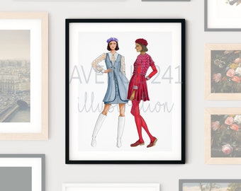 1970s Fashion Illustration Go Go Boots and Berets | Gallery Wall Print  70s Fashion Sketch  | Avenue 241