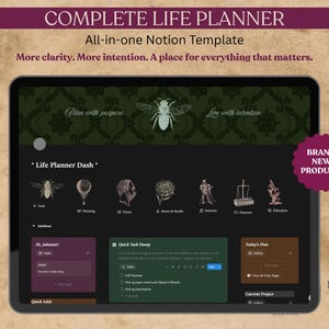 May include: A digital life planner Notion template displayed on a tablet screen. The interface features a dark green header with a bee illustration, text reading "COMPLETE LIFE PLANNER," and icons for planning, vision, health, and finances.