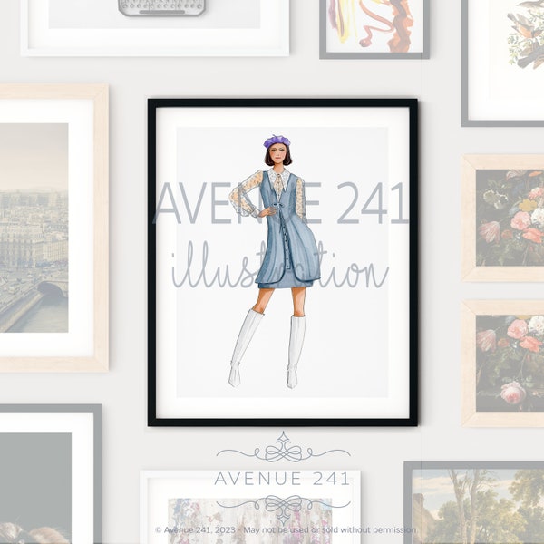 1970s Fashion Illustration Blue Outfit Go-go Boots and Beret | Gallery Wall Print | Avenue 241